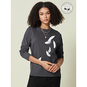 100% Cotton Feather Print Women's Casual Daily T shirt Long Sleeve Crew Neck T shirt Outdoor