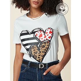 100% Cotton Heart Leopard Valentine's Day Women's Casual Daily T shirt Short Sleeve Crew Neck T shirt Outdoor