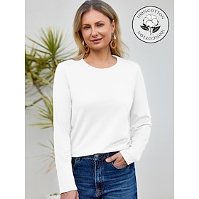 100% Cotton Women's T Shirt White Basic Long Sleeve Tee Casual Tops Round Neck Regular