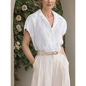 100% Linen Women's Shirt Blouse Breathable And Soft Luxurious Linen Basic White Casual Dolman Sleeve Modern Shirt Collar Regular